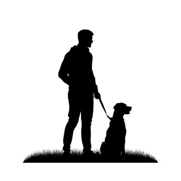 Man stands with his dog on a grassy patch in a clean black silhouette on a white background.