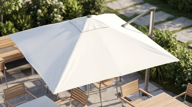 Overhead White Patio Umbrella Mockup for Branding with Copy Space in Outdoor Cafe Setting.