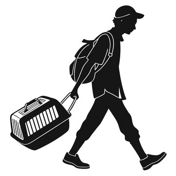 Traveler walks with a pet carrier on a white background to represent a journey with an animal.