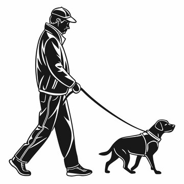 Man walks his loyal dog on a leash while wearing a cap and jacket in this sharp dark silhouette.