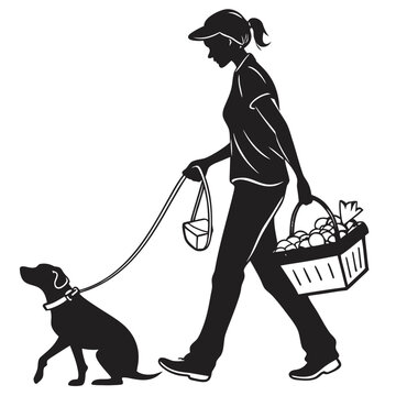 Woman walking a dog carries a shopping basket filled with fresh groceries on a bright sunny day.