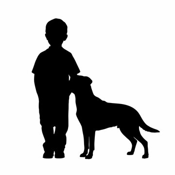 Boy stands beside his gentle dog in this simple black and white graphic silhouette illustration.