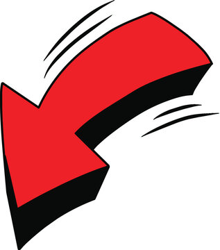 Red 3D Cartoon Arrow Pointing Down Left on White Background