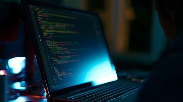 A futuristic scene depicting cutting edge code displayed on a screen with dynamic backlighting