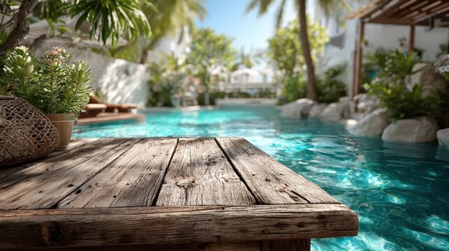 Empty Wooden Table on Sunny Tropical Swimming Pool Background On a bright summer day