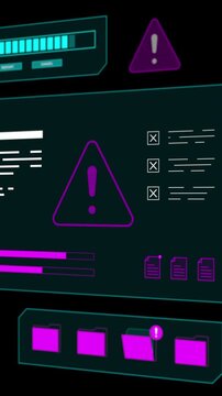 High tech portrait notification dashboard displaying critical data eror alerts and security failure grid warnings in 9:16.