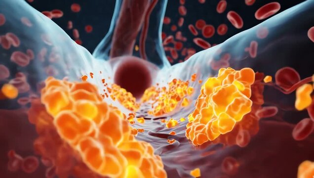 Cholesterol buildup expanding gradually along transparent artery surfaces, glowing fatty deposits thickening inside realistic biological structures