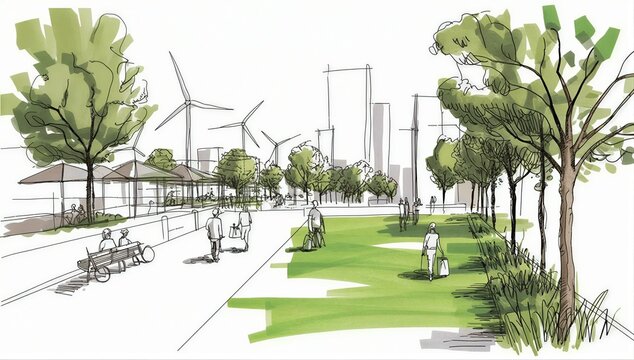 Sketch of a green urban space with tree-lined lawn, pathway, bench, people strolling, wind turbine and distant skyline representing sustainable city park.
