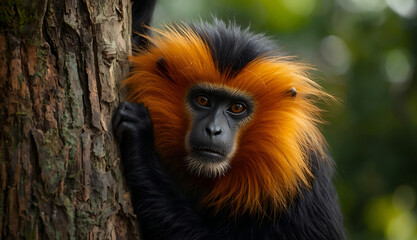 Fototapeta premium Golden Lion Tamarin Clinging to Tree in Tropical Rainforest Wildlife Scene.