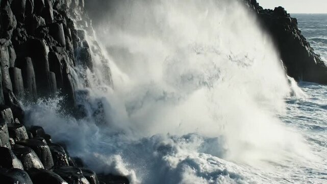 Powerful ocean waves crashing against dark volcanic basalt columns