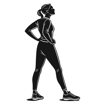 Sportswoman stands in a confident pose with her hands on her hips in a minimalist illustration.