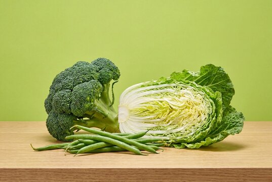 Filename: Fresh green vegetables broccoli napa cabbage and green beans on wooden table