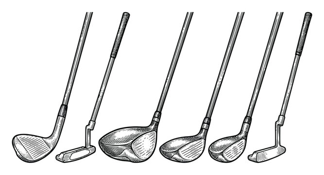 A collection of various vintage golf clubs illustrated in a classic black and white style on a white background
