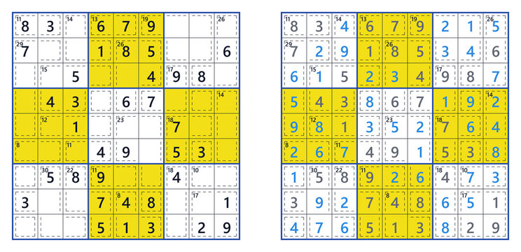 Sudoku puzzle with highlighted cells and solutions on grid  