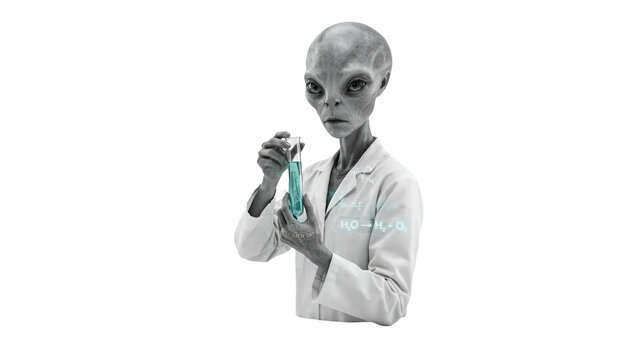 An alien scientist in a lab coat holds a test tube with a blue liquid.