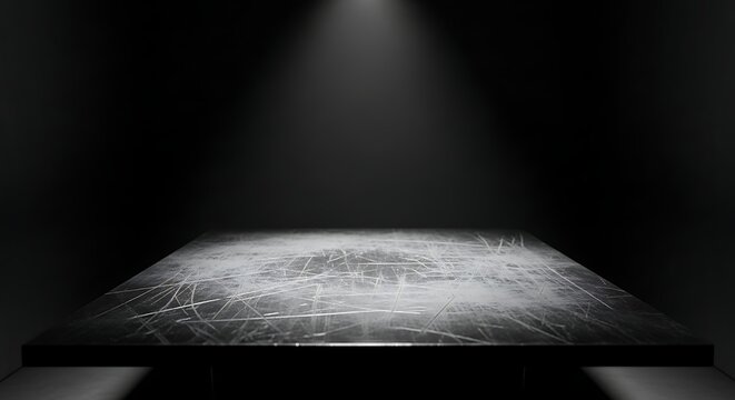 A scratched metal surface illuminated by a single spotlight in a dark room