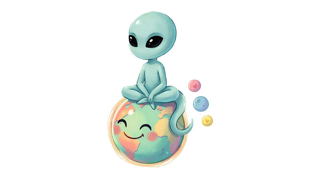 A cute alien character sitting on a happy cartoon Earth.