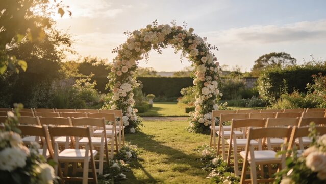 Floral wedding arch and aisle in garden at golden hour for outdoor ceremonies and elopements