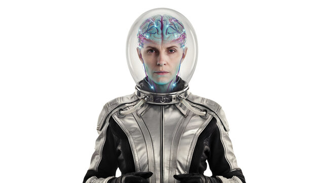 A person with a translucent helmet revealing a colorful, glowing brain, wearing a futuristic silver and black suit.
