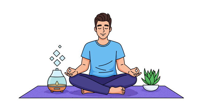 A man meditating peacefully on a purple yoga mat with an essential oil diffuser and a green succulent plant, promoting relaxation and mindfulness.