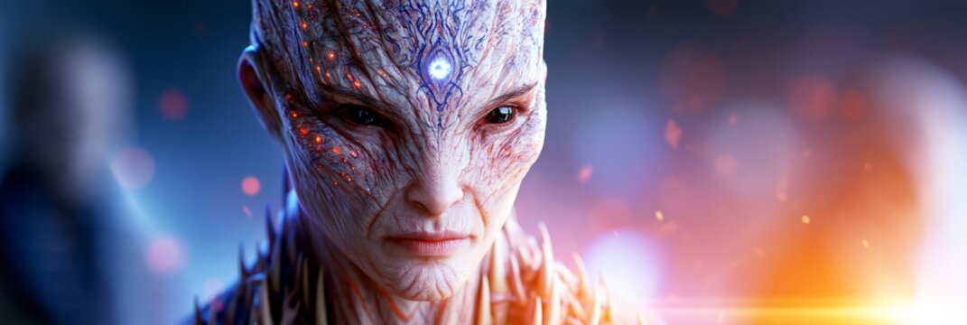 Portrait of an elegant yet eerie alien man with pale skin and a glowing eye on his forehead, isolated on a light background, blending science fiction, mystery, and futuristic fantasy.