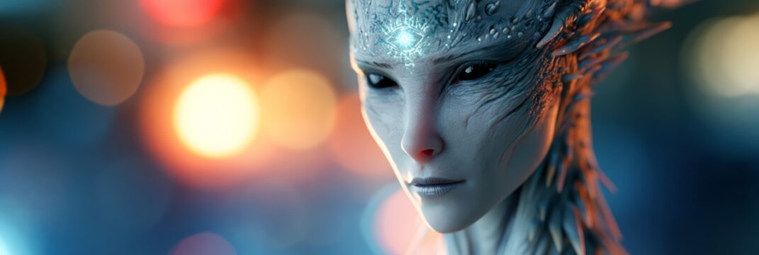 Portrait of an elegant yet eerie alien man with pale skin and a glowing eye on his forehead, isolated on a light background, blending science fiction, mystery, and futuristic fantasy.