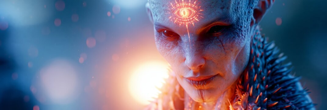 Portrait of an elegant yet eerie alien man with pale skin and a glowing eye on his forehead, isolated on a light background, blending science fiction, mystery, and futuristic fantasy.