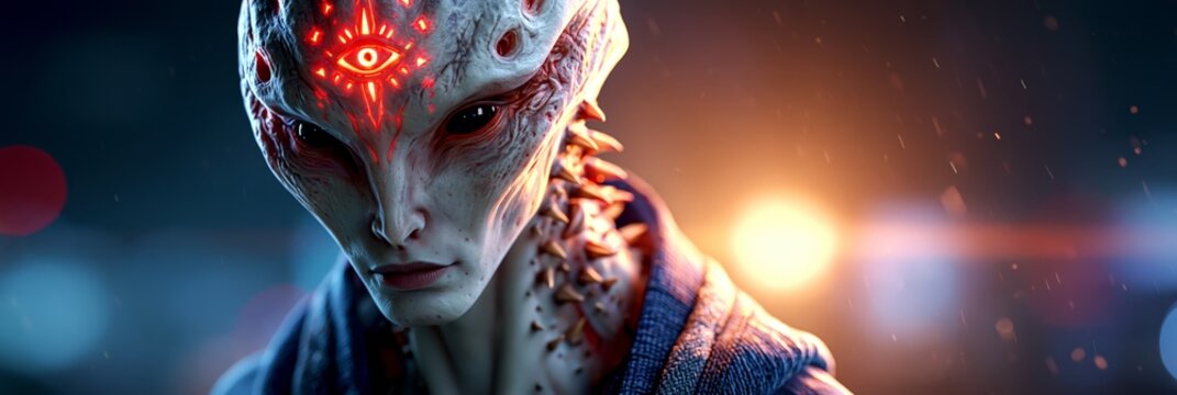 Portrait of an elegant yet eerie alien man with pale skin and a glowing eye on his forehead, isolated on a light background, blending science fiction, mystery, and futuristic fantasy, alien background