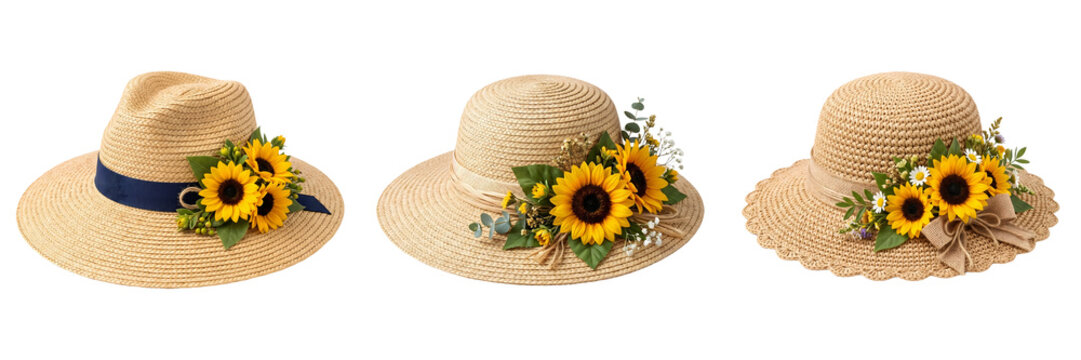 set of raffia Panama hat from Aspiga whit flower isolated on white background ''\