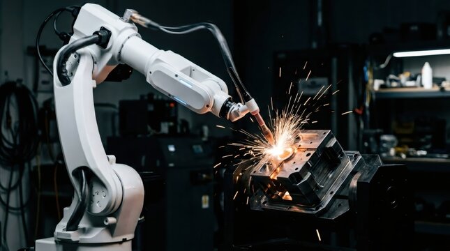 Robotic arm performing precision welding on metal part in industrial factory. Automated machine welder creating sparks for automotive manufacturing. Advanced engineering work process.