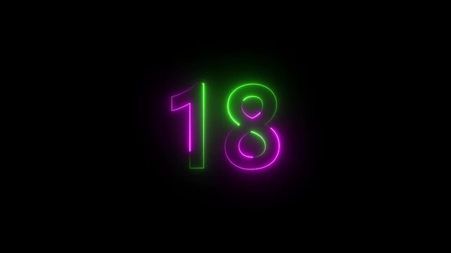 Glowing color looping trendy glowing neon numeric number 18.Glowing neon number 18.Educational mathematics 18 animation.