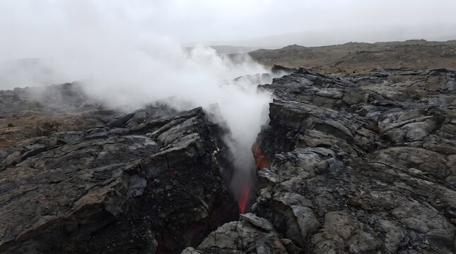 Jarak Dekat Retakan Batuan Vulkanik Hitam dengan Magma Merah Menyala dan Kepulan Asap Tebal