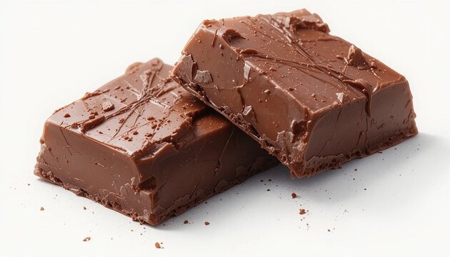 Chocolate bar pieces stacked on white background showing rich creamy texture and sweet dessert snack concept for food advertising
