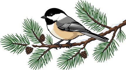 A black-capped chickadee perched on pine branch. © AFK