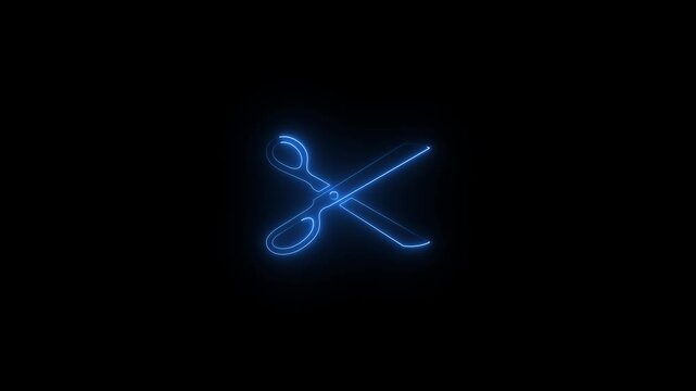 Neon scissors icon . Neon glowing scissor icon animation in black background.