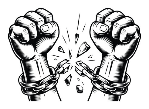 Black and white of two clenched fists breaking free from metal chains symbolizing liberty and freedom