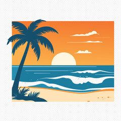 Obraz premium Tropical beach scene with palm tree at sunset on sandy shore by ocean waves