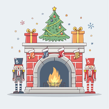 Christmas Fireplace Scene with Nutcrackers and Gifts