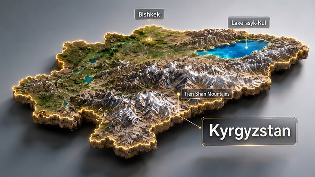 Dramatic 3D Map of Kyrgyzstan with Mountain Range and Lakes