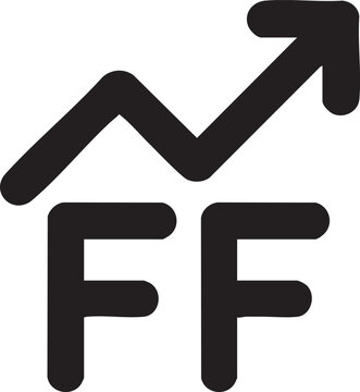 Minimalist black vector graphic illustration showing a rising financial trend arrow above the capital letters ff on white background