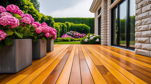 Modern wooden deck patio with blooming hydrangea flowers and luxury house exterior garden landscape