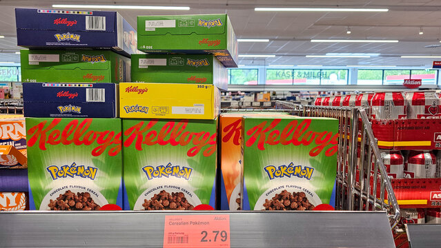 Kellogg's pok&eacute;mon chocolate flavour cereal boxes on supermarket shelf