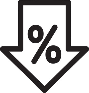 Minimalist black vector graphic design showing a bold downward arrow containing a percentage symbol representing a significant price drop reduction