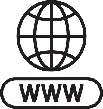 Minimalist black and white vector illustration depicting a global world wide web icon for modern digital and internet technology concepts