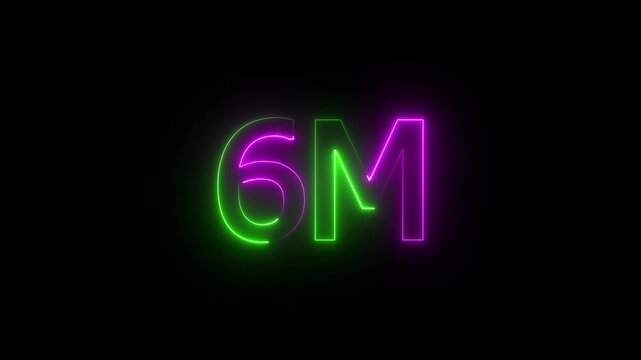 Glowing neon light 6M followers or subscribers celebration text animation on black background, Number 6M Neon Futuristic Effect, Trendy Glow Lighting, 6M animation neon text effect motion. 4k