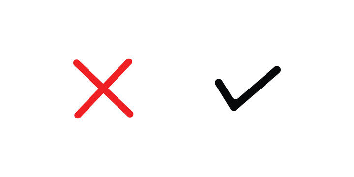 Minimalist check and cross mark icons, red X and black tick vector symbols, simple right and wrong signs for UI design, correct and incorrect validation elements 