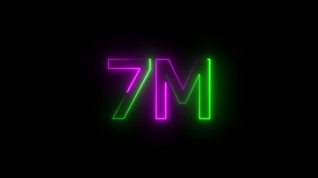 7M million neon glowing text animation on black background.7 Million achievement for social media videos animation.
