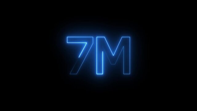 7M million neon glowing text animation on black background.7 Million achievement for social media videos animation.