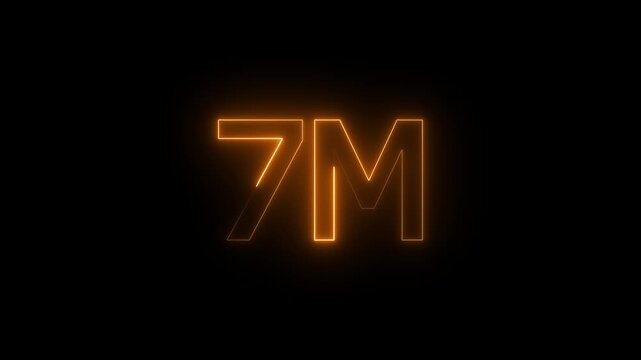 7M million neon glowing text animation on black background.7 Million achievement for social media videos animation.
