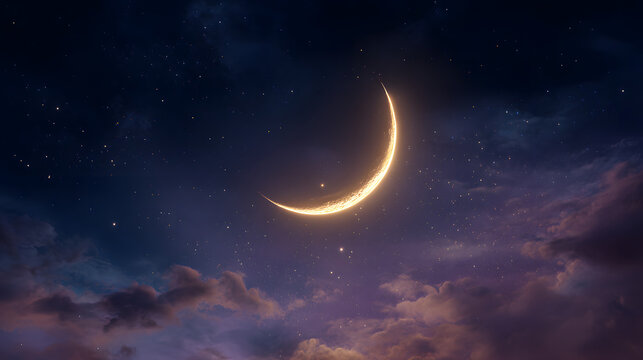 The beginning of Ramadan, the month of fasting, is marked by the bright crescent moon. This is an Islamic religious holiday called Ramadan Kareen.